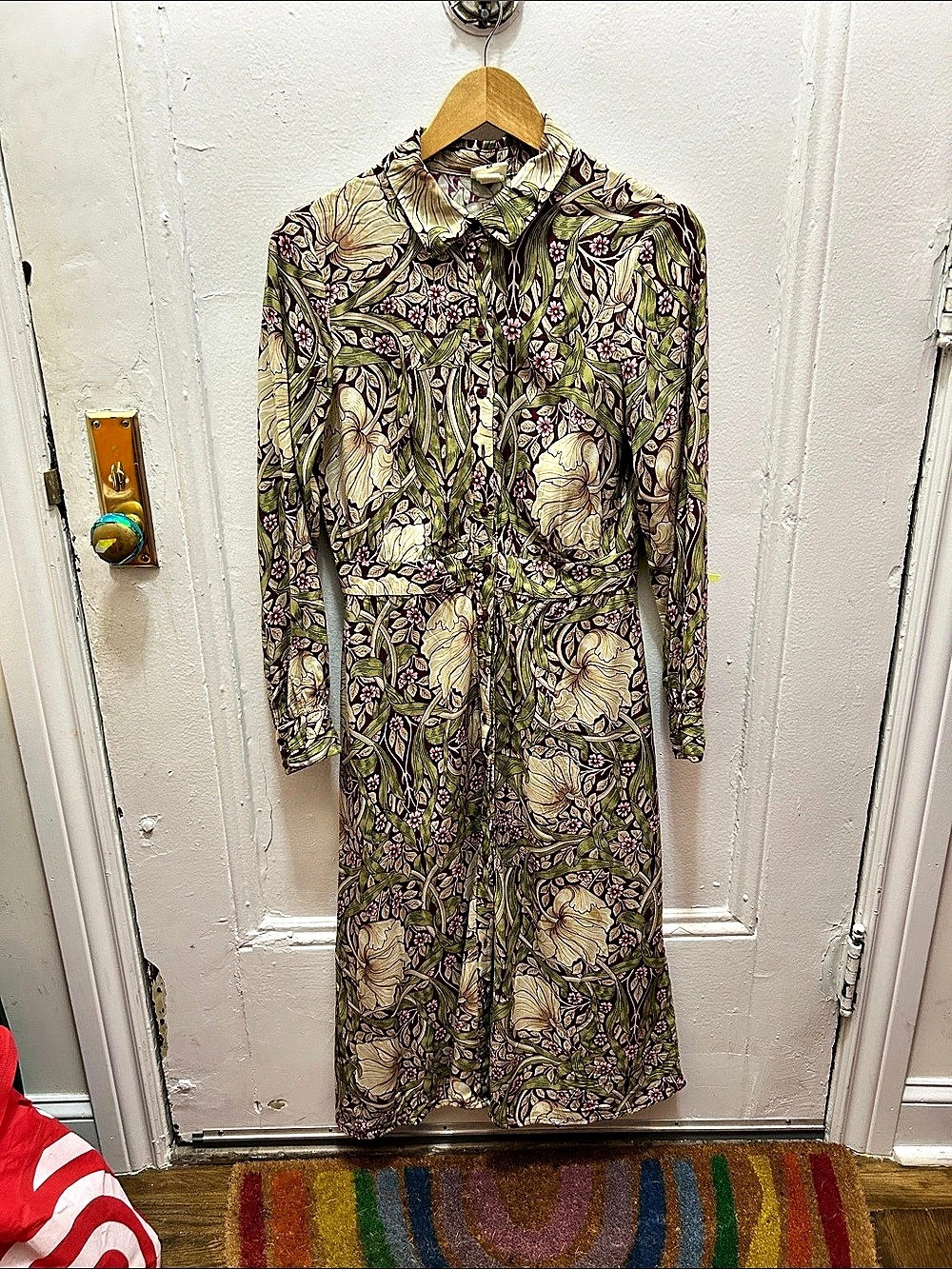 Morris & Co x H&M Floral Print Button-Front Midi Dress Green & Purple Medium